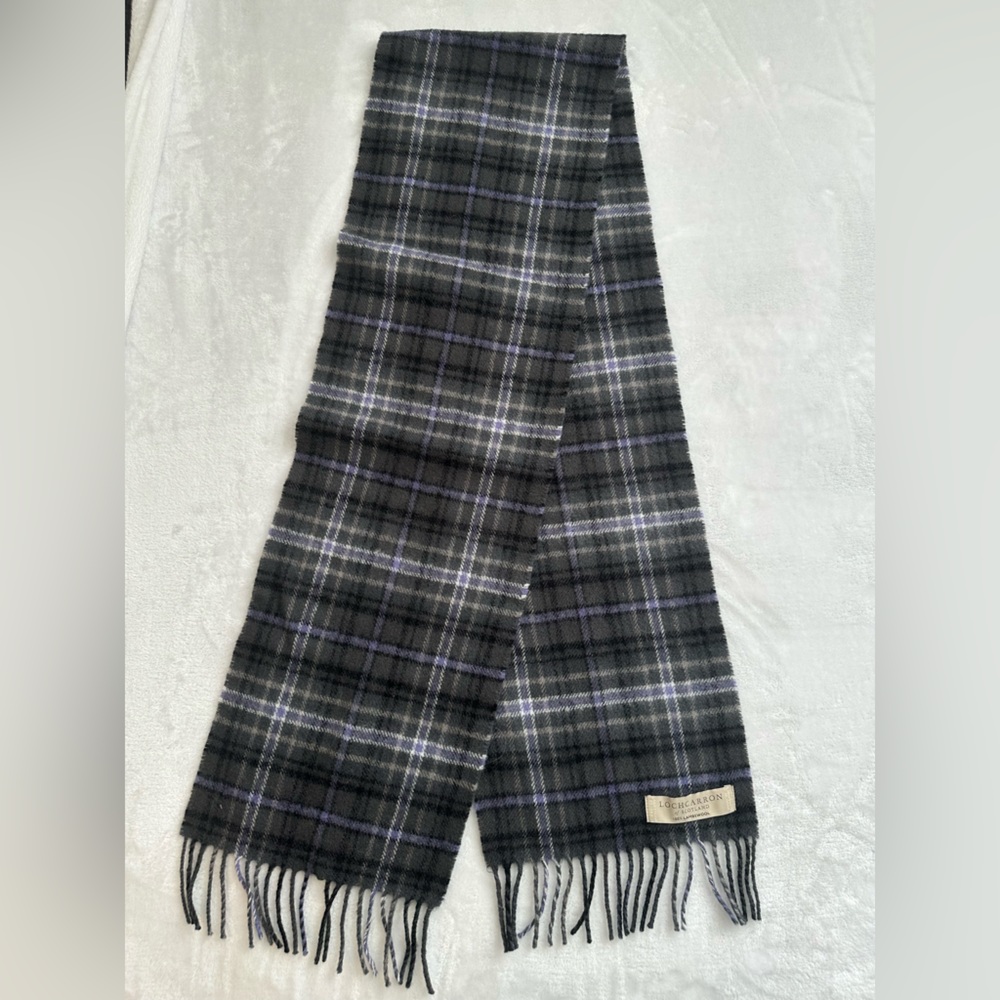 Lochcarron of Scotland Gray and Purple Wool Scarf. 100% lambswool